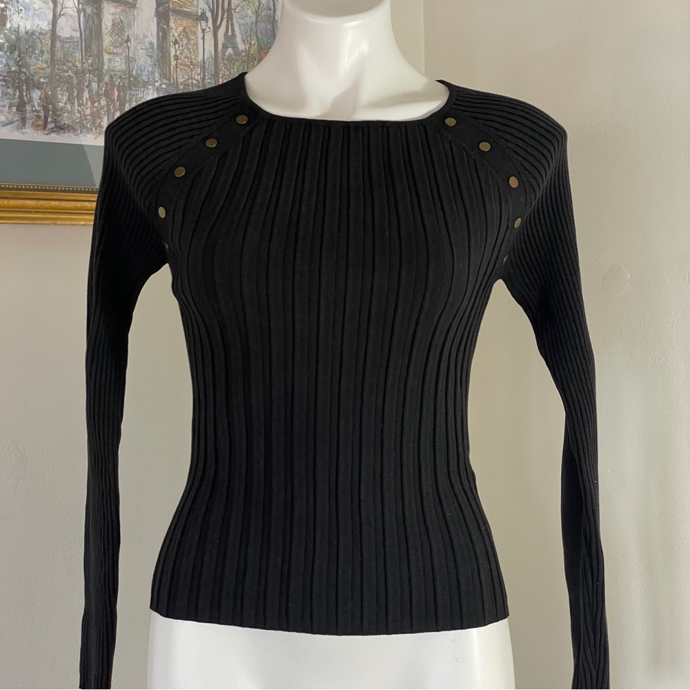 August Silk Petite PS Black Ribbed Sweater Gold Buttons Long Sleeve Y2K Preppy - Picture 3 of 10